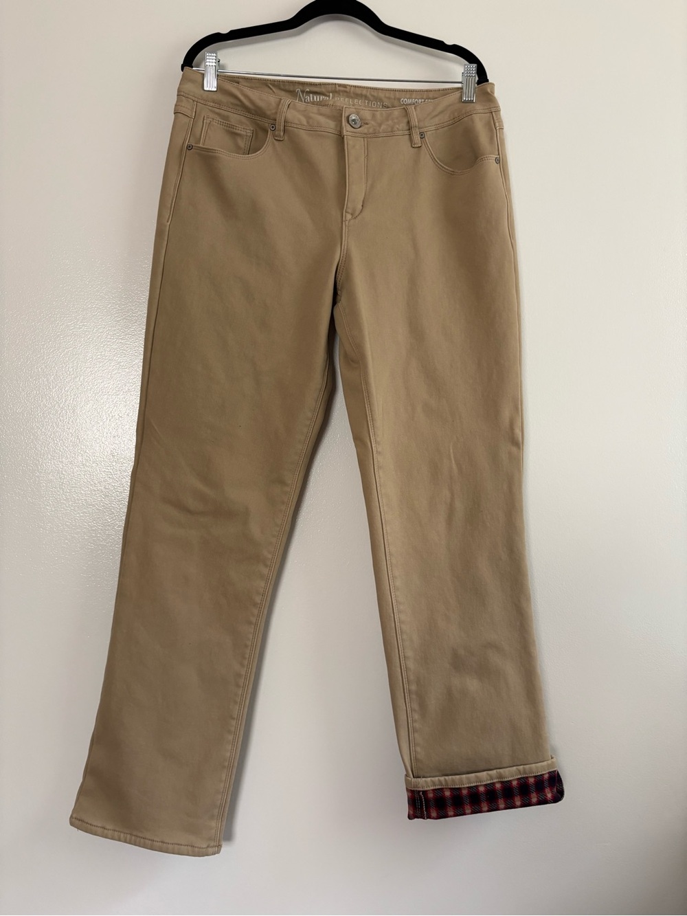 Natural Reflections Comfort Stretch Plaid Lined Tan Khaki Pants Size 12